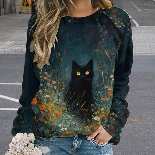 Abstract Cute Cat Shirts for Women Long Sleeve Lady Crewneck Pullover Sweatshirt Fall Winter Oversized Tops