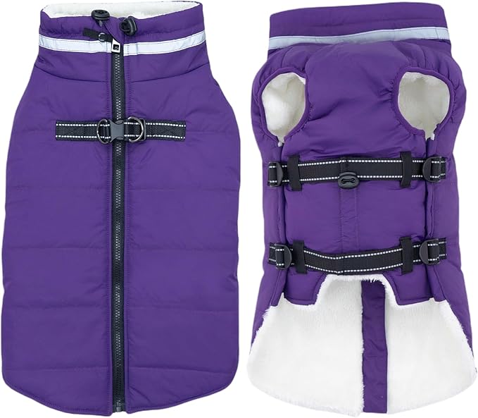 Medium Dog Coat with Harness Built-in, Waterproof Reflective Fleece Lined - Warm Windproof Winter Jacket with Back Zipper, Cold Weather Snow Dog Coats - Purple - M