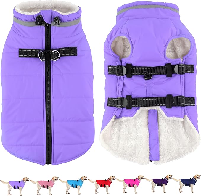 Dogcheer Dog Coat with Harness, Waterproof Dog Jacket Adjustable Winter Coat with Zipper, Christmas Puppy Snow Jacket Fleece Sweater for Small Medium Large Dogs - Taro Purple 2XL