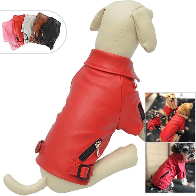 Lovelonglong Cool Dog Leather Jacket, Warm Coats Dogs Windproof Cold Weather Coats for Pugs Bulldog Pitbull Red B-M