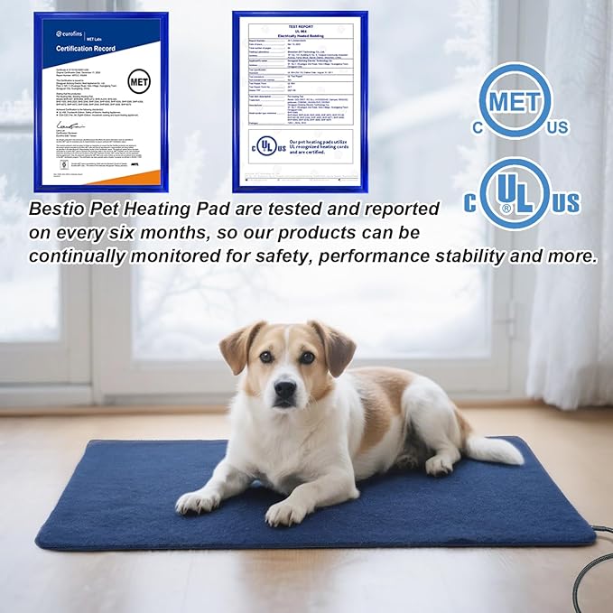Bestio Cat Heating Pad，16 in Heated Cat Bed for Newborn Kittens and Puppies, with Smart Thermostat Switch (1-24 Hours) + Electric Steel Wire Protection Tube -Blue