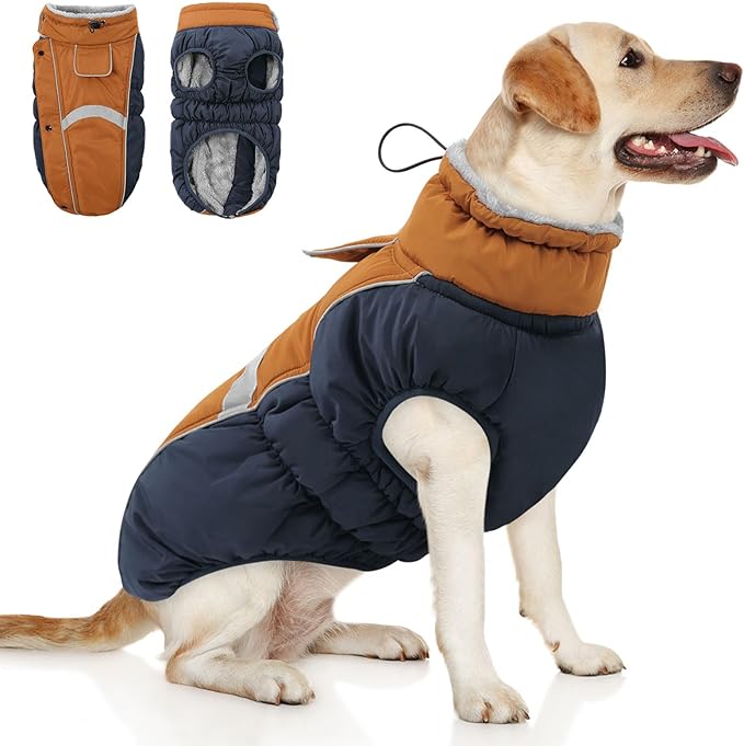 Queenmore Warm Fleece Dog Jacket, Cold Weather Waterproof Dog Snow Jacket with Leash Hole, Reflective Turtleneck Dog Snow Jacket Snowsuit,Dog Warm Coat for Small Medium& Large Dogs(Brown,XL)