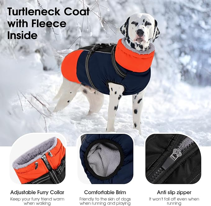 SUNFURA Large Dog Coat with Harness Built in, Warm Dog Jacket Waterproof Pet Winter Coat Snowsuit for Cold Weather, Reflective Fleece Jacket for Large Dogs, Border Collie, Blue XL
