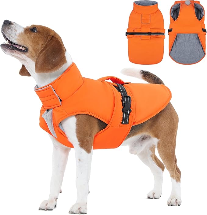 IECOii Waterproof Dog Jacket - Reflective, Adjustable & Windproof & Fleece Lined, Waterproof Snow Coat Quick Release Buckles for Bulldog, Pitbull Running, Orange, Size XL