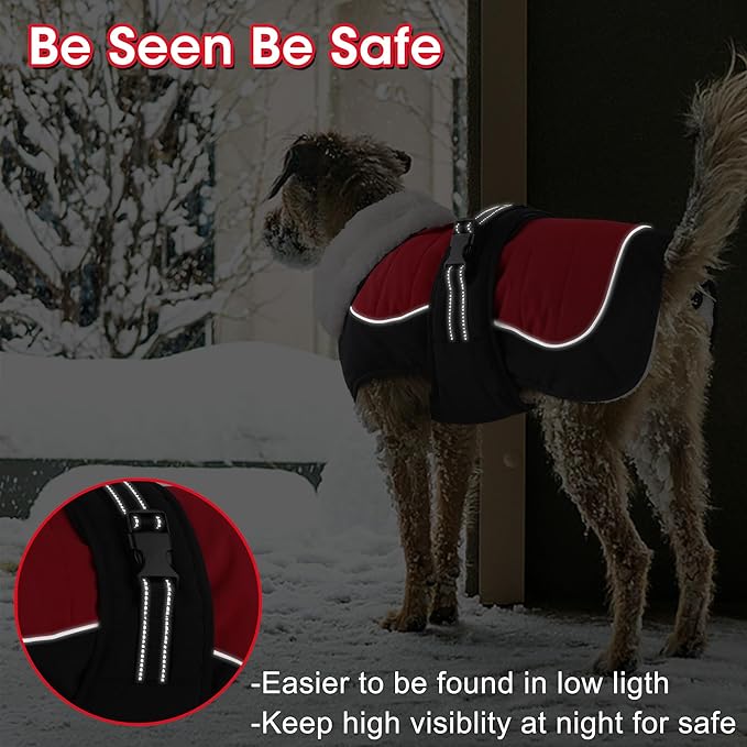 Dogcheer Dog Coat, Christmas Dog Jacket, Waterproof Turtleneck Puppy Winter Coat, Adjustable Pet Puffer Jacket, Reflective Warm Fleece Coats for Small Medium Large Dogs - Red, XL