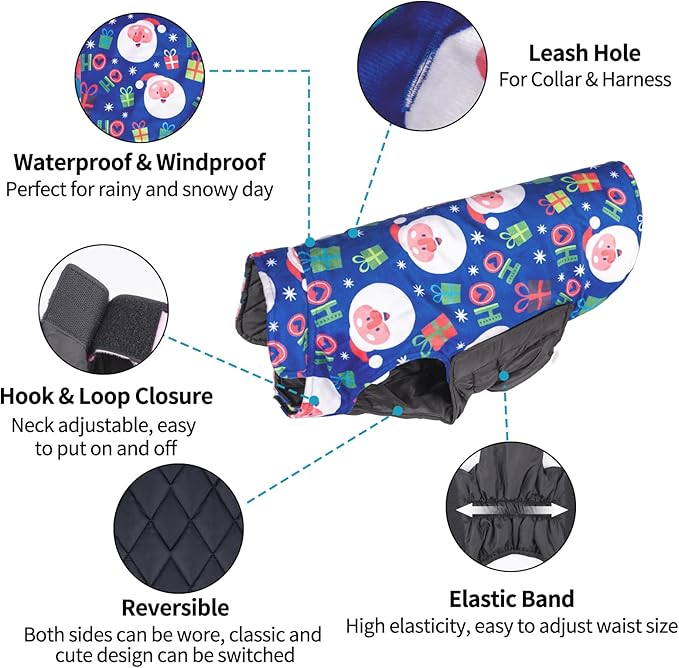 CuteBone Winter Dog Jacket - Reversible, Soft & Thick Coat with Leash Hole for Small, Medium & Large Dogs