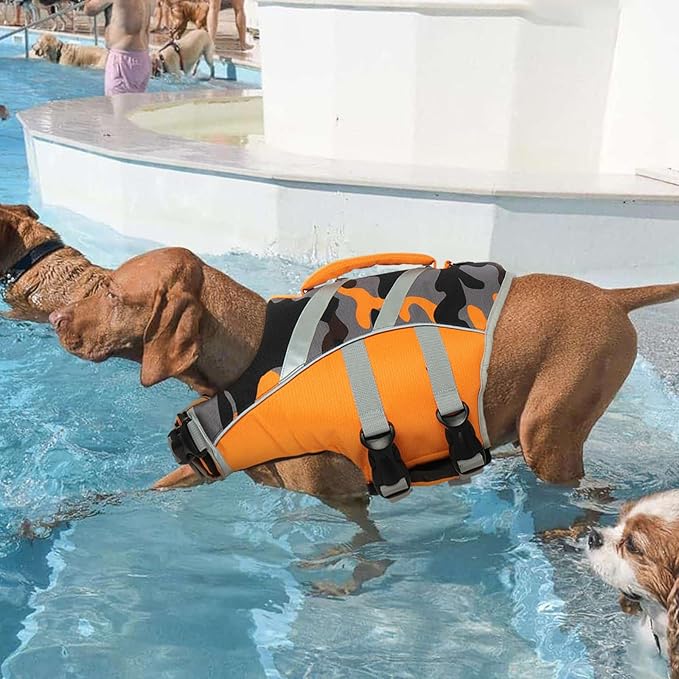 Kuoser Dog Life Jacket, High Visibility Ripstop, Adjustable for Medium Dogs, OrangeCamo