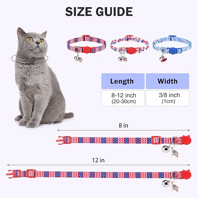 3 Pack Breakaway Cat Collars with Bell- 4th of July Cat Collar,Independence Holiday American Flag Kitty Collar for Girl Boy Cats with Safety Buckle- Cute Kitten Collar Adjustable 8"-12"