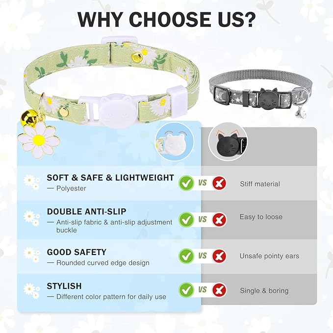 3 Pack Breakaway Cat Collars with Bell- Daisy Pendant Spring Cat Collar for Girl Boy Cats with Safety Buckle- Cute Kitten Collar Adjustable 8"-12" for Kitty Puppy Small Pets