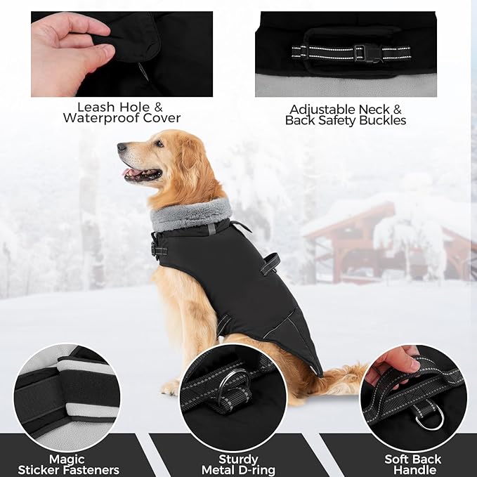 Mihachi Dog Coat for Large Dogs, Warm Dog Winter Coat Waterproof Dogs Jacket with Harness Built in Reflective Pet Fleece Vest, Puppy Cold Weather Coats Turtleneck & Windproof Pet Snowsuit, Black XL