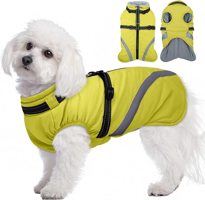 BRKURLEG Dog Winter Jackets for Small Dogs, Dog Coat with Harness Built in, Dogs Snowsuits with Zipper, Waterproof Windproof Pet Puffer Jacket Fleece Vest for Shih Tzu, Maltese, Green S