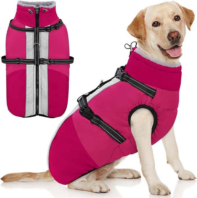 AOFITEE Dog Coat for Large Dogs, Waterproof Dog Winter Jacket with Built in Harness, Warm Turtleneck Cold Weather Coats Large, Reflective Fleece Lined Snow Jacket for French Bulldog, Boston Terrier, L
