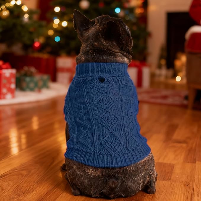 PUPTECK Dog Sweater, Turtleneck Warm Knitted Pullover Coat, Thick Cable Knitwear Clothes in Winter, Pet Apparel Outfits for Large Dogs, for Cold Weather Indoor & Outdoor, Deep Blue ML