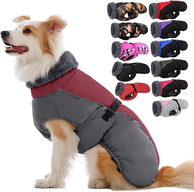 IECOii Dog Coat for Large Dogs, Reflective & Adjustable Turtleneck Jacket with Buckle, Thermal Fleece Lined Dog Snowsuit for Cold Weather - Soft Dogs Winter Coat Windproof Warm Vest, Burgundy, L
