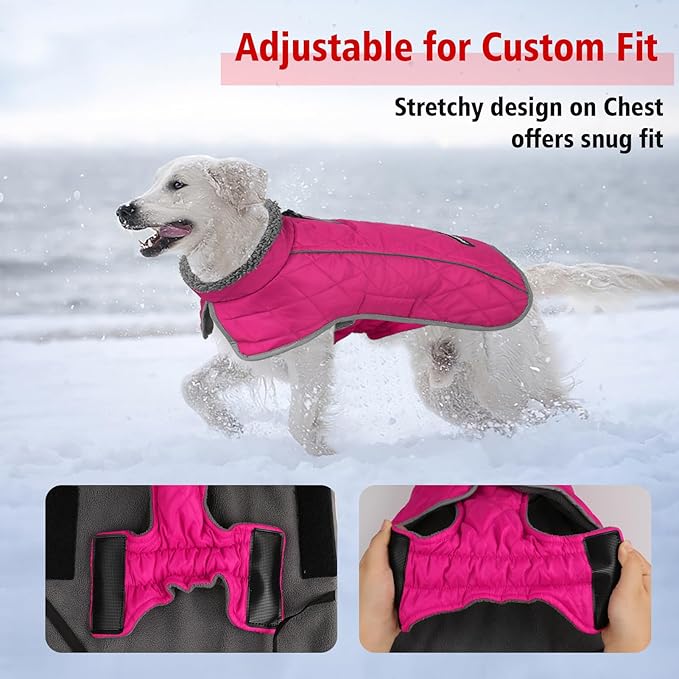 Fragralley Dog Coat Large, Waterproof Dog Jacket with Warm Fleece Lining, Adjustable Reflective Dogs Winter Coat, Turtleneck Pet Coats for Cold Weather (Rose Pink XXL)