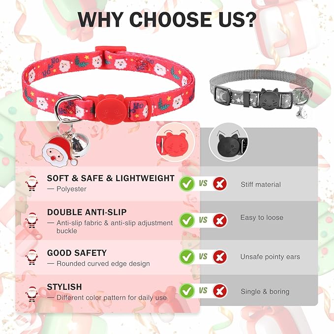 3 Pack Christmas Cat Collars Breakaway with Bell & Charm-Holiday Cat Collar for Girl Boy Cats with Safety Buckle- Cute Santa Snowman Kitten Collar Adjustable 8"-12" for Kitty Puppy Small Pets