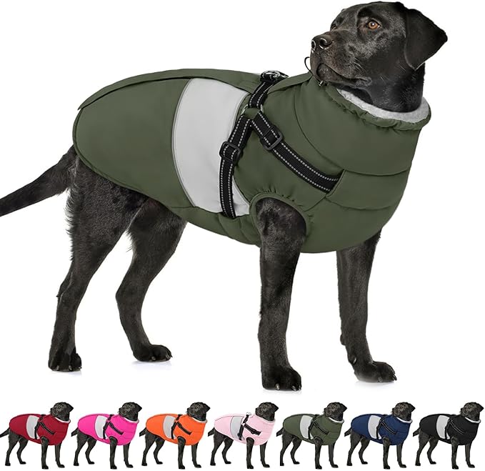 AOFITEE Dog Winter Coat, Dog Coat with Harness Built in, Dogs Jacket for Large Dogs, Reflective Waterproof Pet Puffer Jacket Snowsuit, Warm Fleece Windproof Pet Sweater for Cold Weather, XL