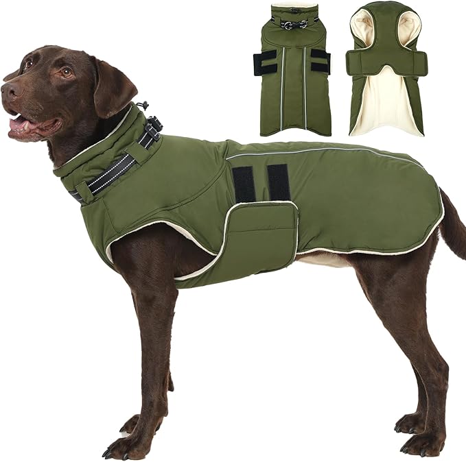 Dog Jackets for Large Dogs, Waterproof Winter Coat with Harness Built-in, Reflective Adjustable Hook&Loop Snow Jacket, Warm Fleece Snowsuit for Dogs Pit Bull Weimaraner Boxer, XXL Green