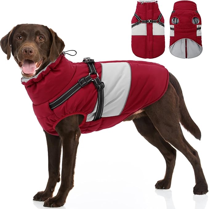SUNFURA Dog Jacket, Large Dog Coat with Harness Built in, Warm Pet Winter Jacket Zippered Snow Coat with Furry Collar, Waterproof Fleece Snowsuit for French Bulldog, Burgundy L