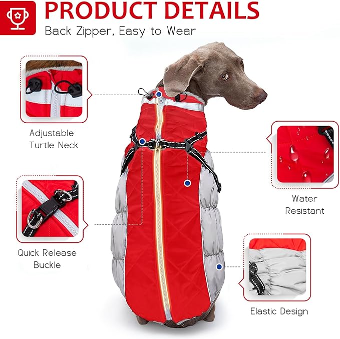 Dog Winter Coat with Harness, Dog Jacket, Pet Clothes with Zipper on Back, Waterproof Windproof Warm Vest, Reflective Cold Weather Coats, for Small Medium Large Dogs, Thick, Red,XS