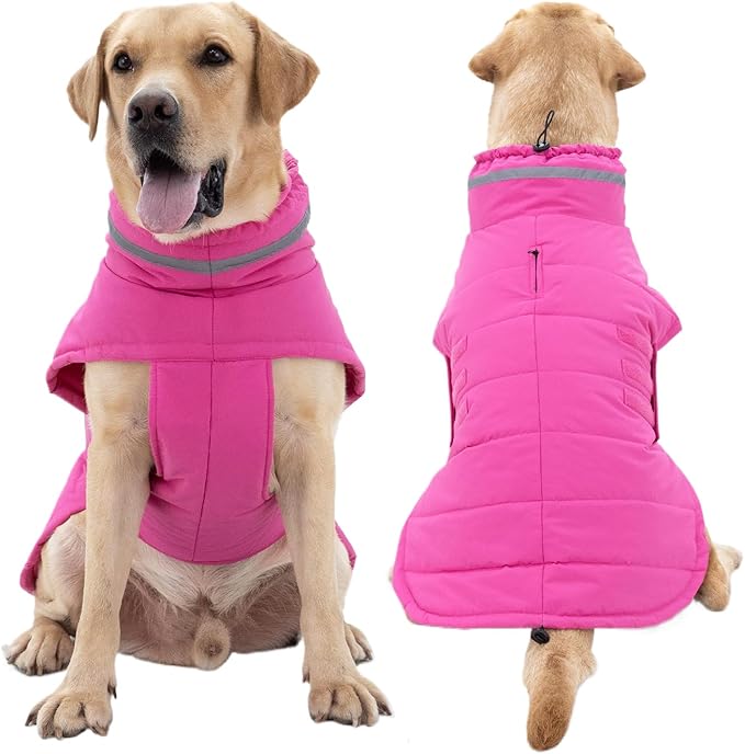 Dog Coat, Waterproof Winter Jacket, Warm Windproof Vest, Reflective Adjustable Turtleneck Coats for Large Dogs with Hook & Loop - Pink - XL