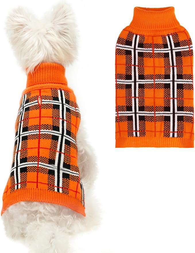 PUPTECK Dog Sweaters for Large Medium Small Dogs - Fall Classic Plaid Style Puppy Holiday Winter Coat Clothes Warm, Reddish Orange, M