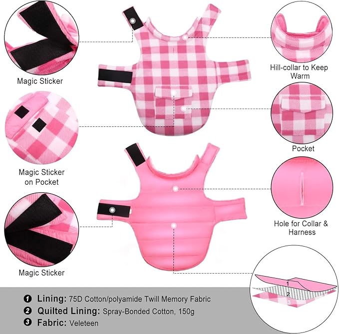 ASENKU Dog Winter Coat, Fleece Doggie Jacket Plaid Reversible Vest Waterproof Windproof Cold Weather Clothes for Small Medium Large Dogs (Pink,3XL)