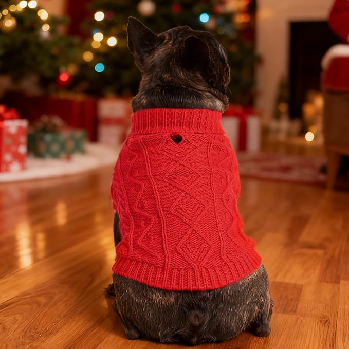 PUPTECK Dog Sweater, Turtleneck Warm Knitted Pullover Coat, Thick Cable Knitwear Clothes in Winter, Pet Apparel Outfits for Large Dogs, for Cold Weather Indoor & Outdoor, Red ML