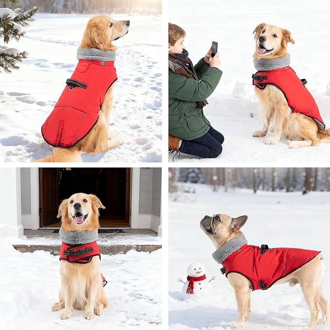 Mihachi Dog Coat for Large Dogs, Warm Dog Winter Coat Waterproof Dogs Jacket with Harness Built in Reflective Pet Fleece Vest, Puppy Cold Weather Coats Turtleneck & Windproof Pet Snowsuit, Red XXL