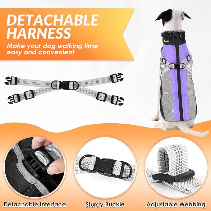SlowTon Dog Jacket with Harness Built in - Waterproof Fleece Winter Warm Dog Coats for Small Medium Dogs, Reflective Adjustable Furry Puppy Vest Clothes for Outdoor Walking (Purple & Grey, XL)