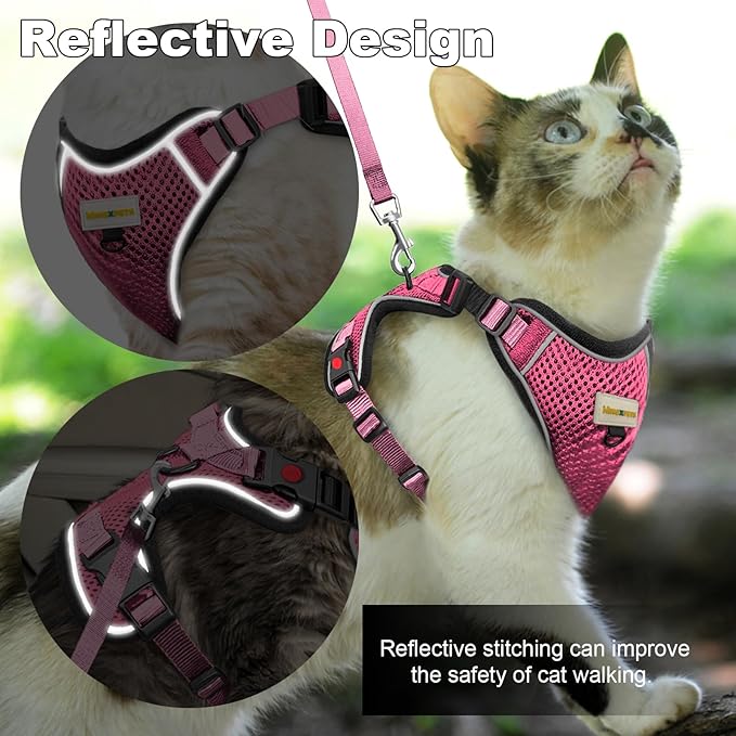 Cat Harness and Leash for Walking, Retractable Cat Harnesses and Leash Set Escape Proof, Breathable Soft Kitten Small Large Harness for Travel Training and Walking, Pink, XXS