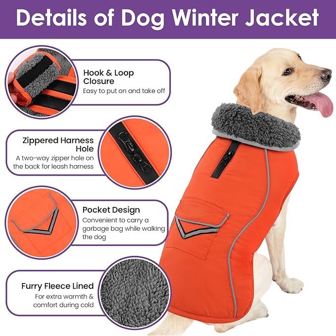 SUNFURA Dog Coat, Warm Dog Coat XXL Puffer Jacket with Harness Hole, Reflective Pet Snow Jacket Turtleneck Fleece Vest for Weimaraner, Labrador, Golden Retriever, Orange 2XL