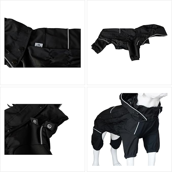 LOVELONGLONG Waterproof Dog Raincoat with Removable Hood – Outdoor Full Body Dog Jacket, Windproof Snowproof Shell Suit – All Season Pet Rain Gear Black XL