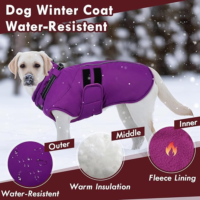 Dog Jackets for Large Dogs, Waterproof Winter Coat with Harness Built-in, Reflective Adjustable Hook&Loop Snow Jacket, Warm Fleece Snowsuit for Dogs Pit Bull Weimaraner Boxer, XXL Purple