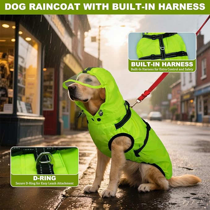 Dog Raincoats for Large Dogs with Hood, Waterproof Dog Rain Jacket with Adjustable Built-in Harness & Back Zipper, Reflective Strip, for Rainy Walks, Muddy Roads - Fluorescent Green XXXL