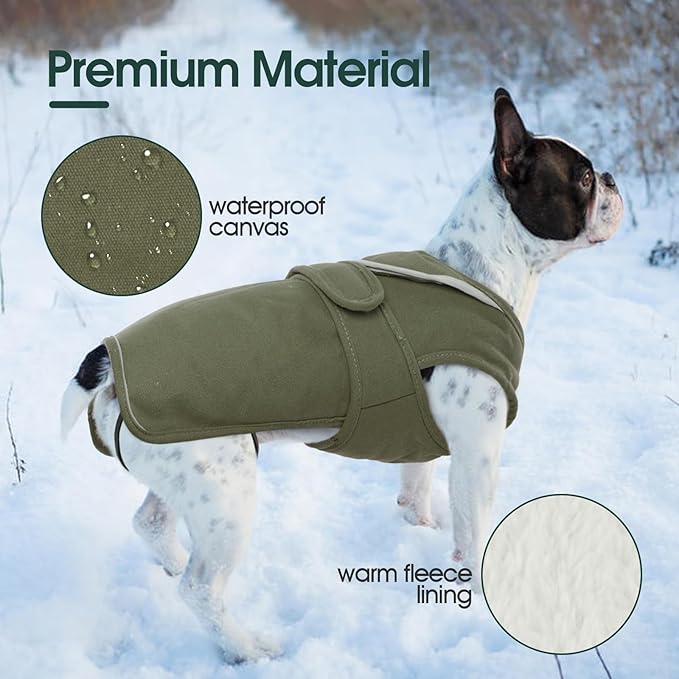 Kuoser Canvas Dog Coat, Warm Dog Jacket Reflective Fleece Pet Cold Weather Coat, Warm Doggie Clothes Waterproof Winter Vest with Zipper Leash Hole for Small Medium Large Dogs, Army Green M