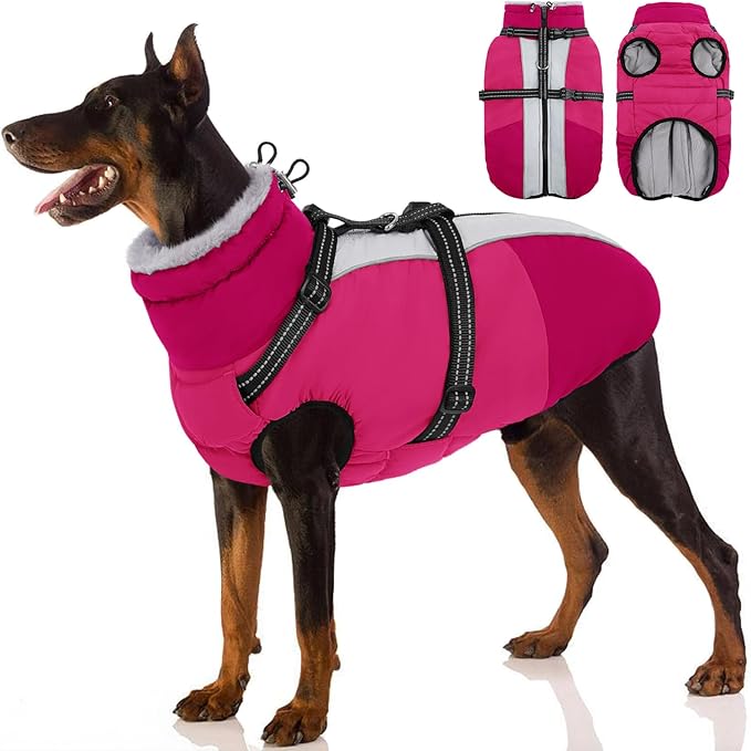 SUNFURA Dog Coat, Dog Jacket for Large Dogs with Harness Built in, Warm Pet Winter Coat Zip Up Snow Jacket with Furry Collar for Boston Terrier, French Bulldogs, Hot Pink L