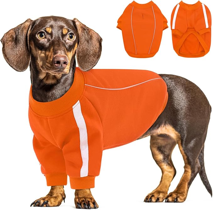 Queenmore Cozy Fleece Dog Sweater Small, Soft Pullover Dog Sweatshirt, Warm Winter Fleece Jacket with Leash Hole/Reflective Stripes for Small Medium Large Dogs Orange