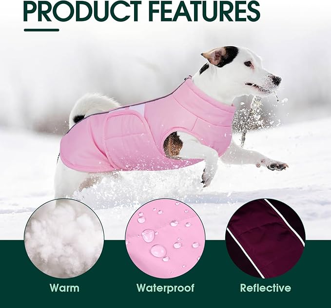 Kuoser Dog Jackets for Small Dogs, Warm Dog Coat with Harness Built in, Puppy Winter Jacket Pet Clothes for Cold Weather, Reflective Waterproof Doggie Winter Vest for Pug Dachshund, Pink S