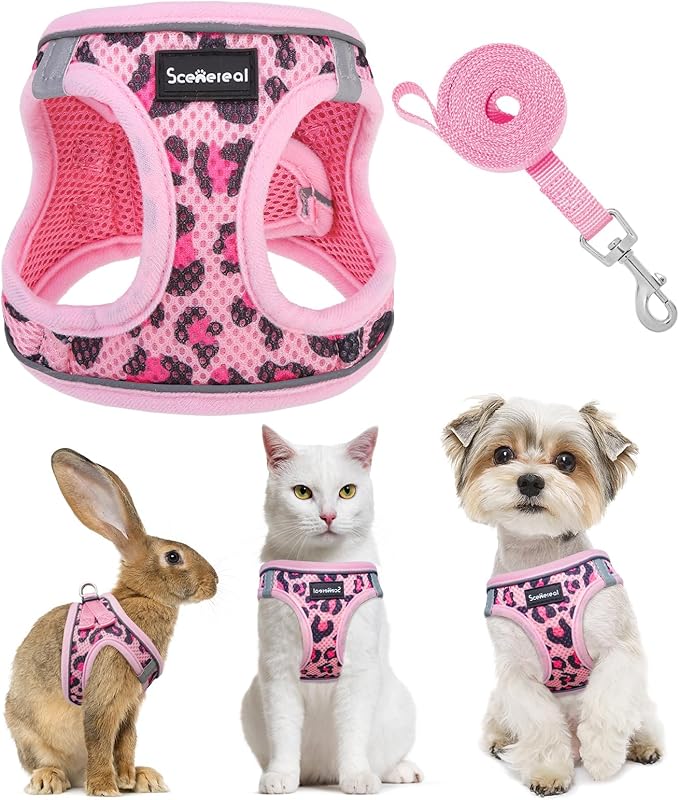 SCENEREAL Cat Harness & Leash Set Escape Proof - Adjustable Air Mesh Vest with Reflective Strips for Kittens, Puppies, Rabbits, Pink Leopard M