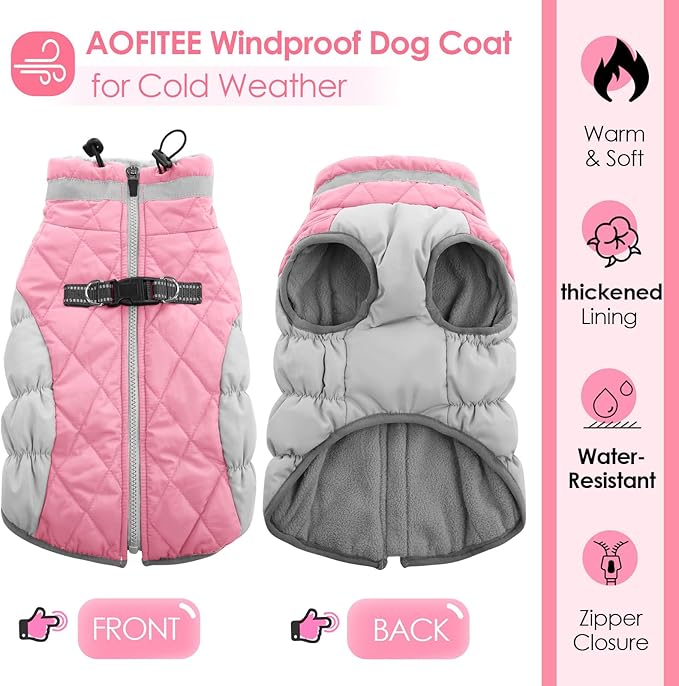AOFITEE Dog Coat, Warm Dog Winter Coat, Reflective Cold Weather Dogs Puffer Jacket with Harness Built in, Waterproof Pet Fleece Vest Snowsuit for Small Medium Large Dogs, Pink L