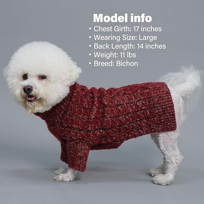 KYEESE Dog Sweater Turtleneck Stretchy Pet Sweater with Classic Cable Knit Soft Dog Sweater for Small Dogs Warm Dogs Clothes with Long Sleeve Comfy Pet Coats for Cold Weather, Red, Small