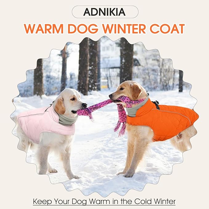 Dog Coat with Harness Built in -Orange,Medium- Fleece Lined Dog Snow Jacket Snowsuit，Adjustable Reflective Winter Warm Cold Weather Coat