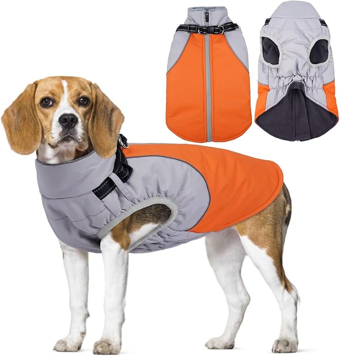 Dog Coat Waterproof,Warm Dog Winter Jacket with Harness Built in Windproof Snow Jakcet with Fleece Lining Reflective Thermal Cold Weather Coats for Large Dogs,Windproof Pet Snowsuit,Orange,L
