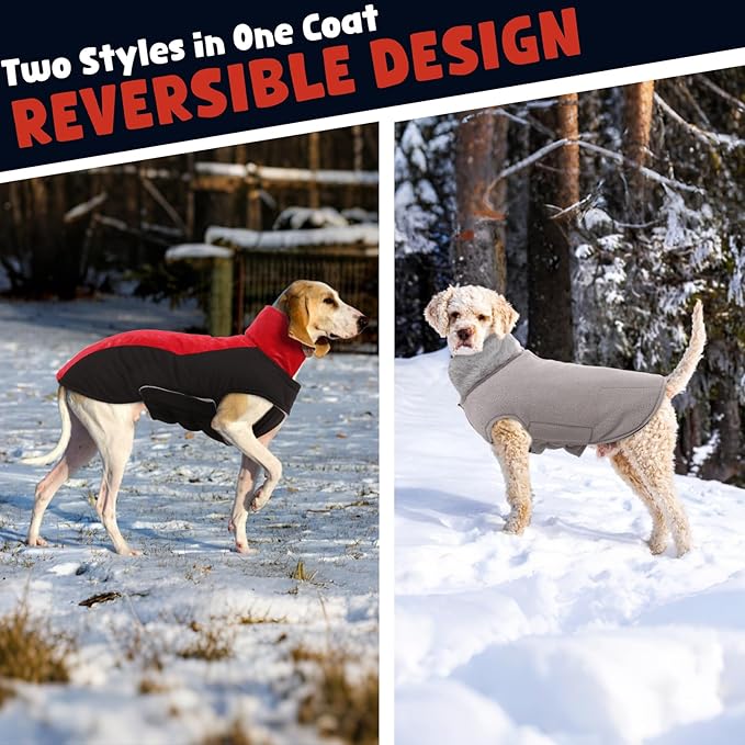 Warm Dog Coat,Waterproof Jacket in Winter Adjustable and Reversible Doggy Fleece Outfit,Thick Clothes with Foldable Collar for Puppy in Cold Days,XL Red
