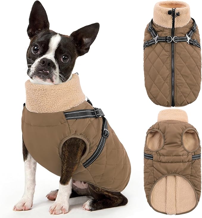 Queenmore Dog Winter Jacket, Dog Coats for Large Dogs, Warm Cozy Pet Jacket Winter with Harness Built in, Waterproof Pet Snow Jacket, Thick Fleece Lining Snowsuit for Large Dogs, Brown L