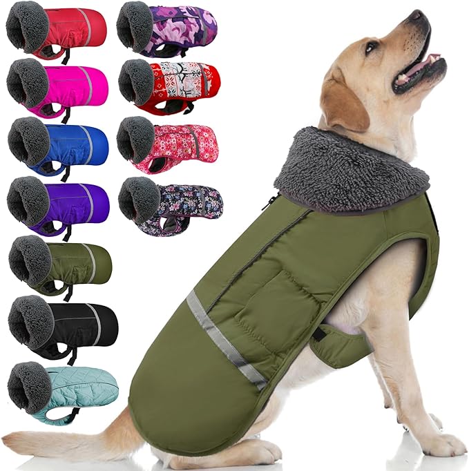 Doglay Dog Coat, Waterproof Dog Jacket Pet Winter Coat for Cold Weather with Thicken Furry Collar, Reflective Puppy Winter Jacket Warm Fleece Lining for Small Medium Large Pets