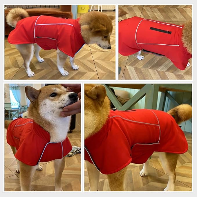 ROZKITCH Dog Winter Coat, Waterproof Raincoat Jacket with Fleece Liner and Leash Hole, Windproof Rain Jacket with Reflective Strip for Medium, Adjustable Poncho Vest for Outdoor Hiking Travel Red L
