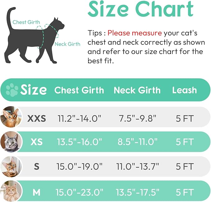 Dooradar Cat Harness and Leash Set, Escape Proof Safe Adjustable Kitten Vest Harnesses for Walking, Easy Control Soft Breathable Mesh Jacket with Reflective Strips for Cats, Green, M