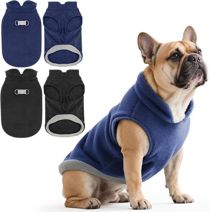 Idepet 2 Pack Dog Fleece Vest Sweater Warm Pullover Jacket with D-Ring Leash Reflective Winter Coat Hoodie for Puppy Cat French Bulldog Pug Chihuahuas Yorkies Dachshunds(Black&Blue,X-Large)